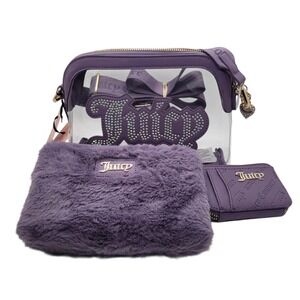 Juicy Couture Dusty Violet Clear Dome 3-in-1 Crossbody Bag Faux Fur Pouch Wallet